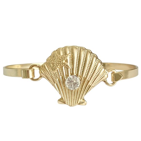 Scallop Sea Shell Bracelet Bangle Nautical Island Beach 7.5" Gold Plated Crystal - Picture 2 of 13